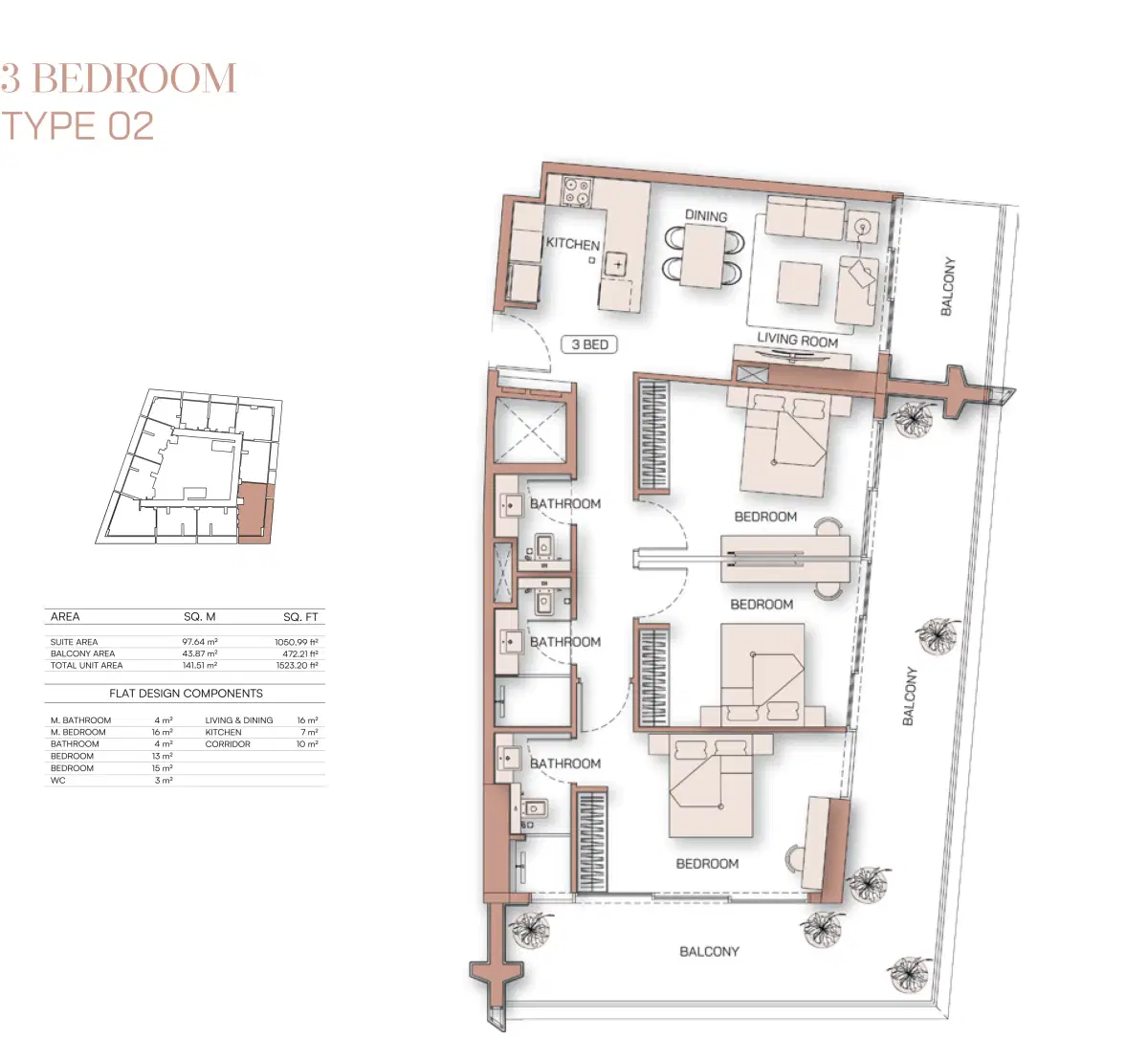Binghatti Pinnacle Apartments Dubai at Al Jaddaf 3 BR Apartment Floor Plan