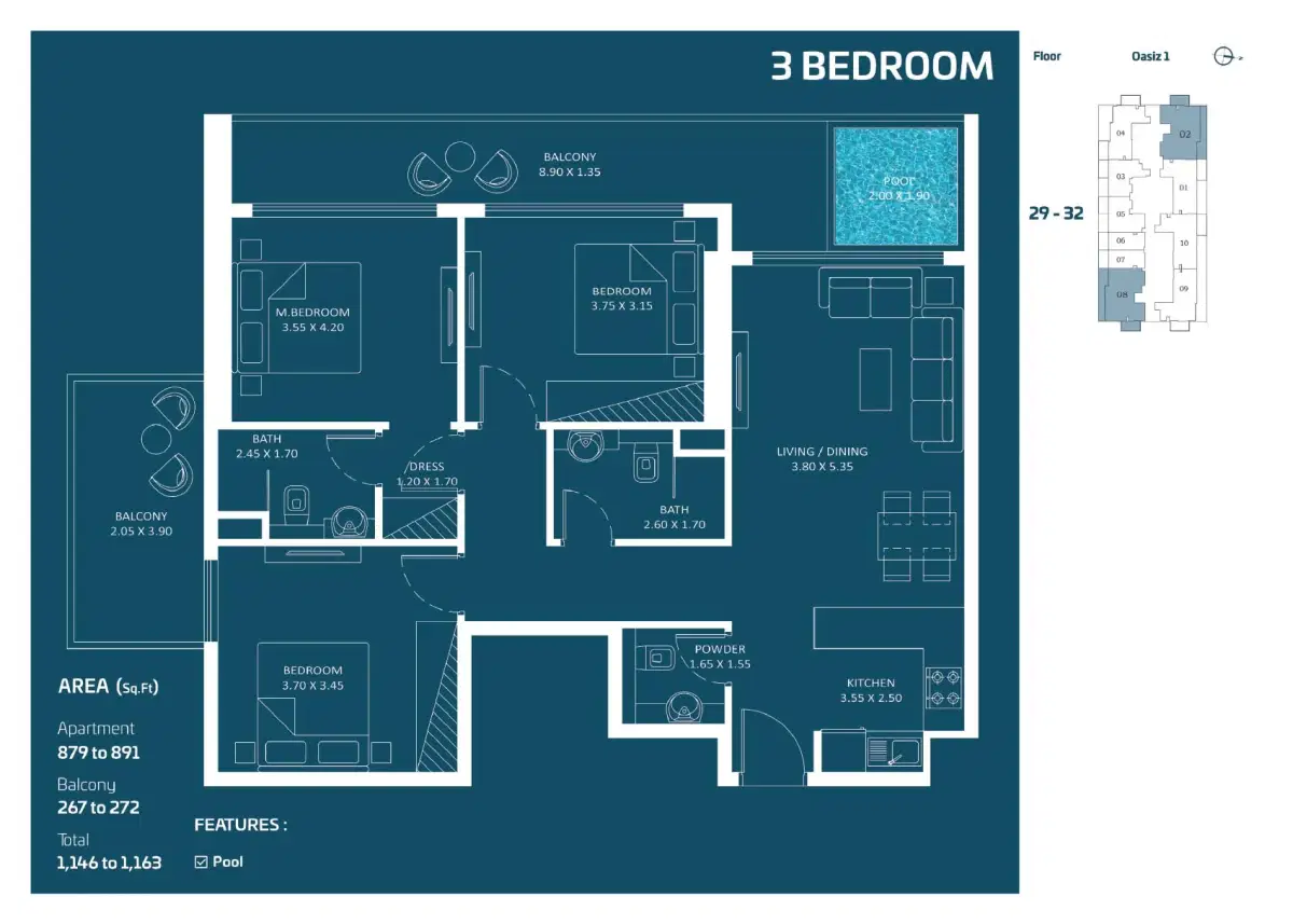 Danube Oasiz Studio & Apartments 3 BR Apartment Floor Plan