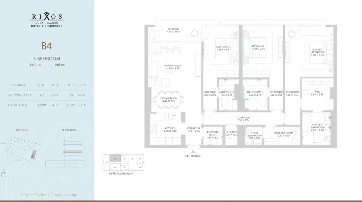 Nakheel Rixos Phase 2 Dubai 3 BR Floor Plan 2,008 Sq. Ft.