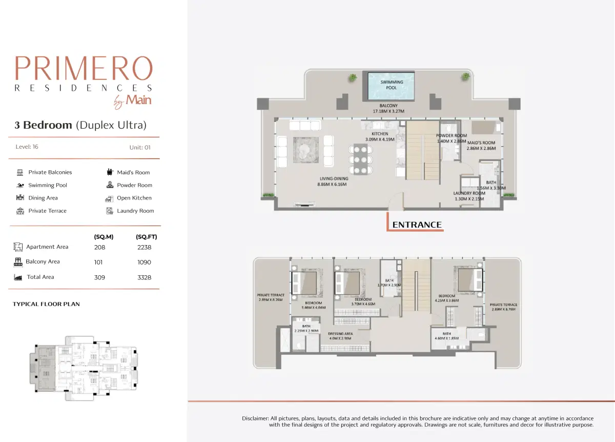Primero Residences Main Realty Al Furjan 3 BR Duplexes Floor Plan