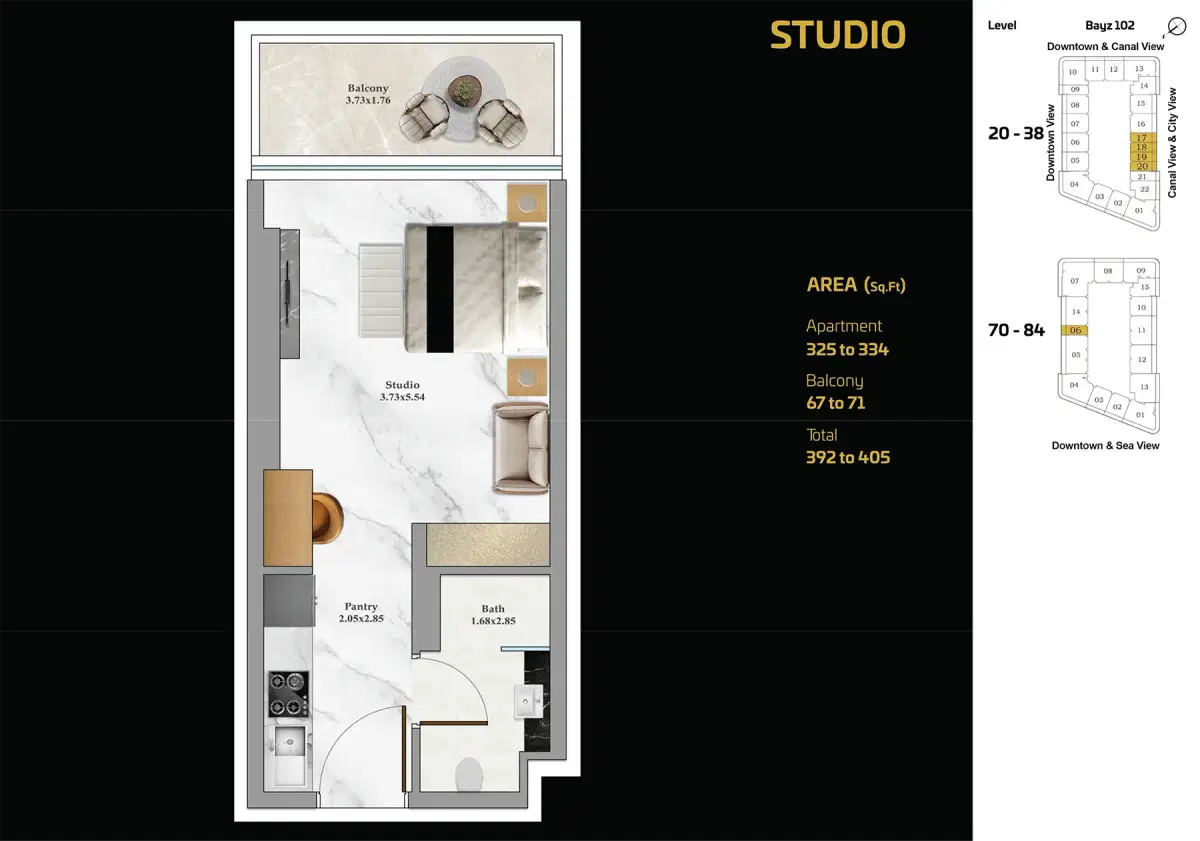 Danube Bayz 102 at Business Bay Dubai Studios Floor Plan 405 Sq. Ft.