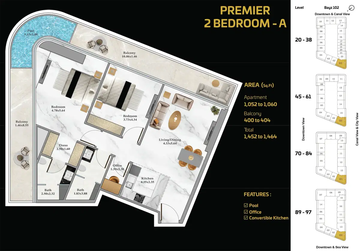 Danube Bayz 102 at Business Bay Dubai 2 BR Floor Plan 1,464 Sq. Ft.