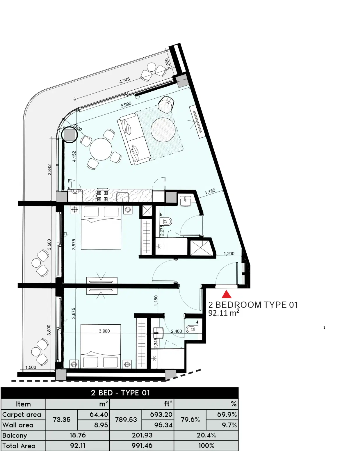 Azizi Arian at Jebel Ali Dubai 2 BR Appartment Floor Plan