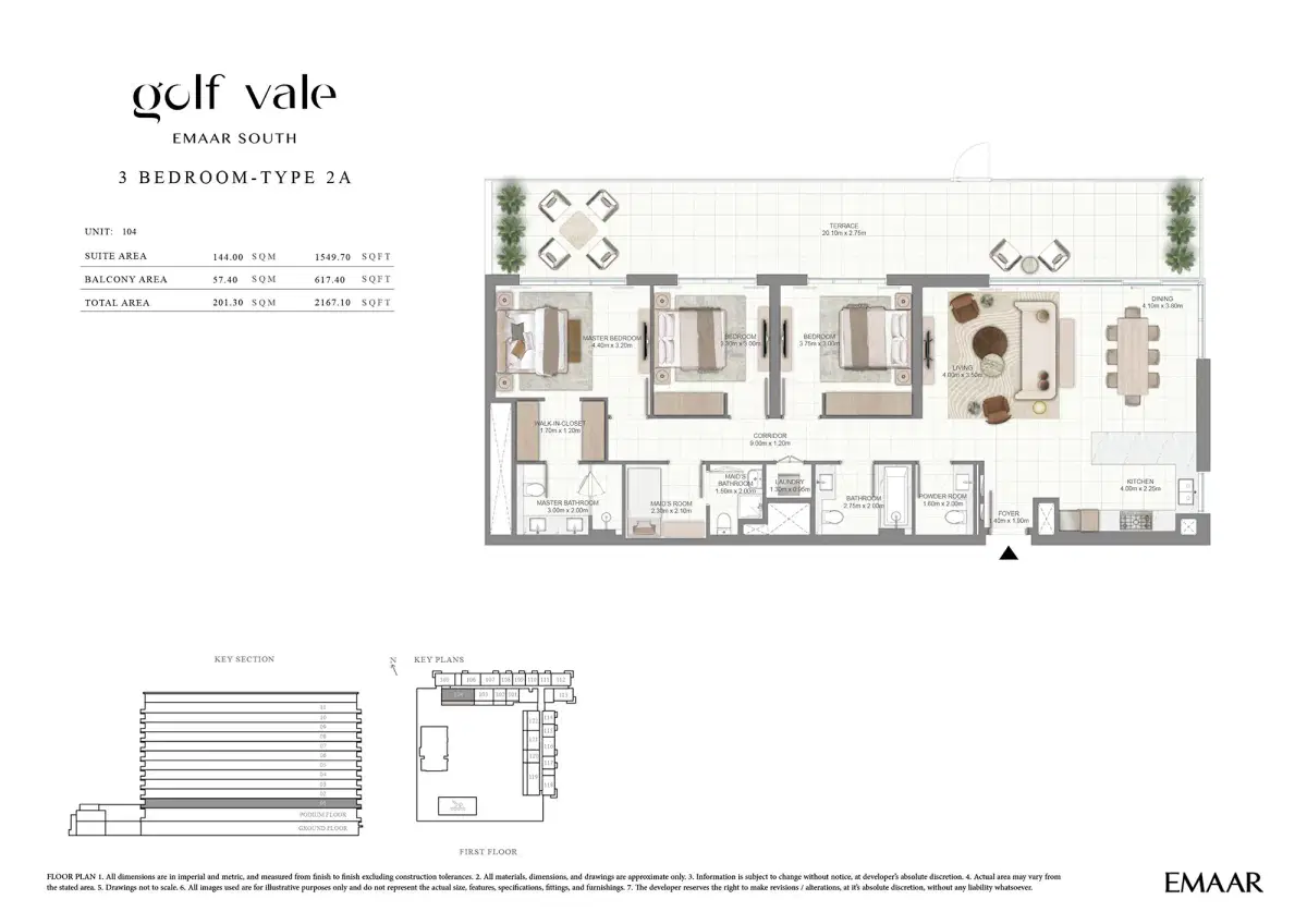 EMAAR Golf Vale Apartments & Townhouses at EMAAR South 3 BR Apartments Floor Plan