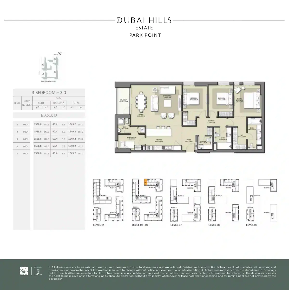 Emaar Park Point Apartments & Duplexes at Dubai Hills Estate 3 Bedroom Apartments Floor Plan