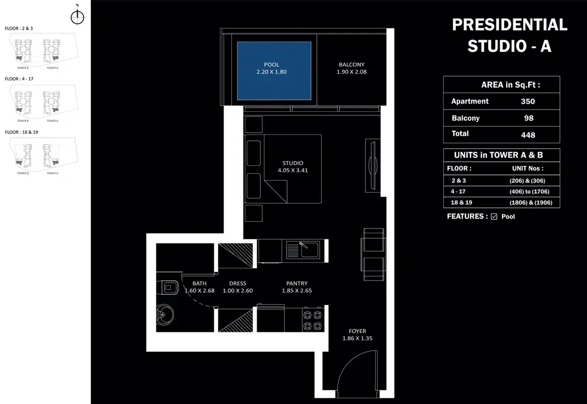 Danube Elitz 3 Studios & Apartments at JVC Studios Floor Plan 448 Sq. Ft.