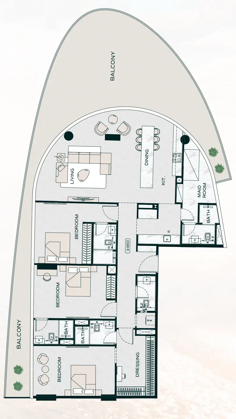 Binghatti Aquarise At Business Bay Dubai 3 BR Island Floor Plan