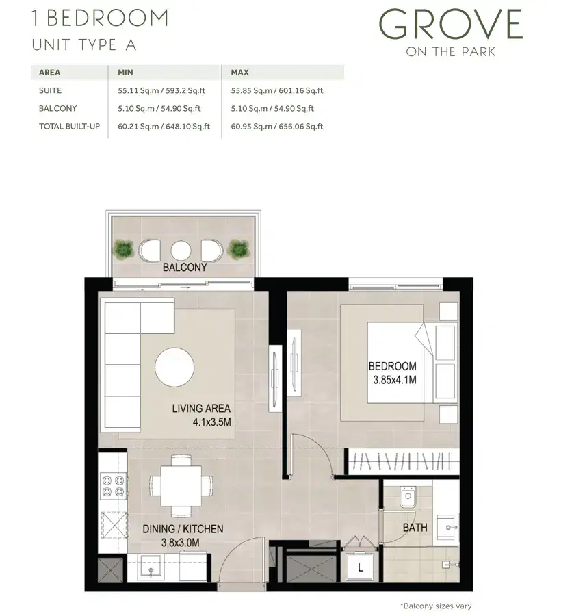 NSHAMA Grove On The Park at Town Square Dubai - Apartments 1 BR Apartments Floor Plan