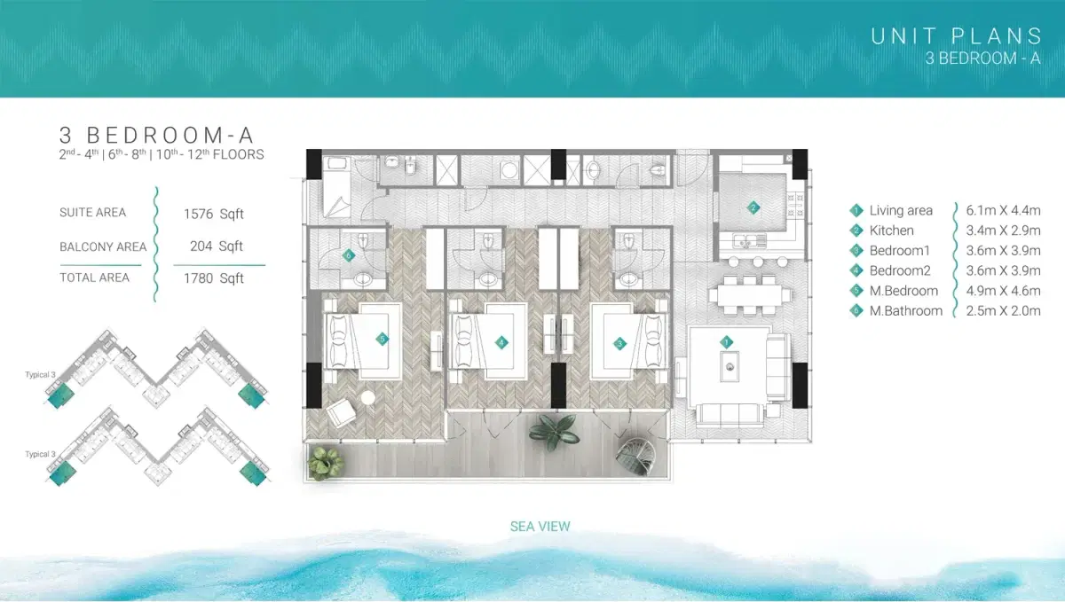 Durar Moonstone Al Marjan Island 3 Bedroom Apartments Floor Plan