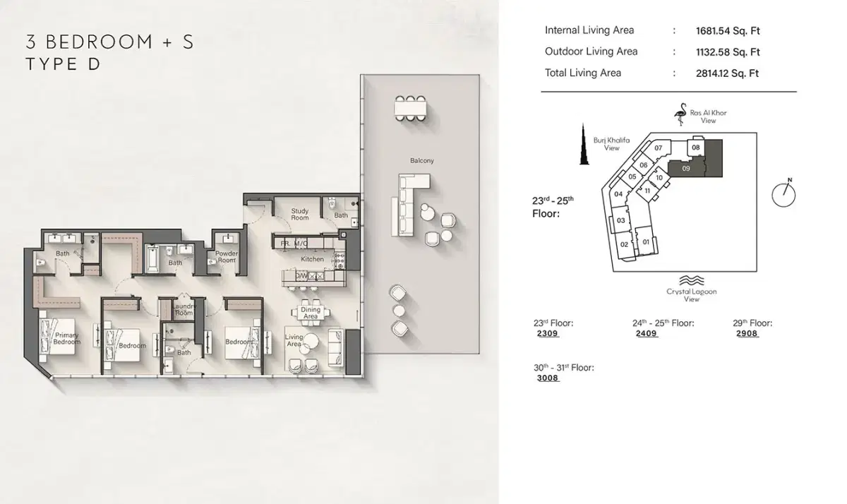 Ellington Claydon House Meydan Dubai 3 BR Apartments Floor Plan