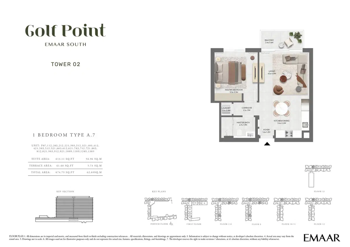 Golf Point at Emaar South 1 Bedroom Apartments Floor Plan