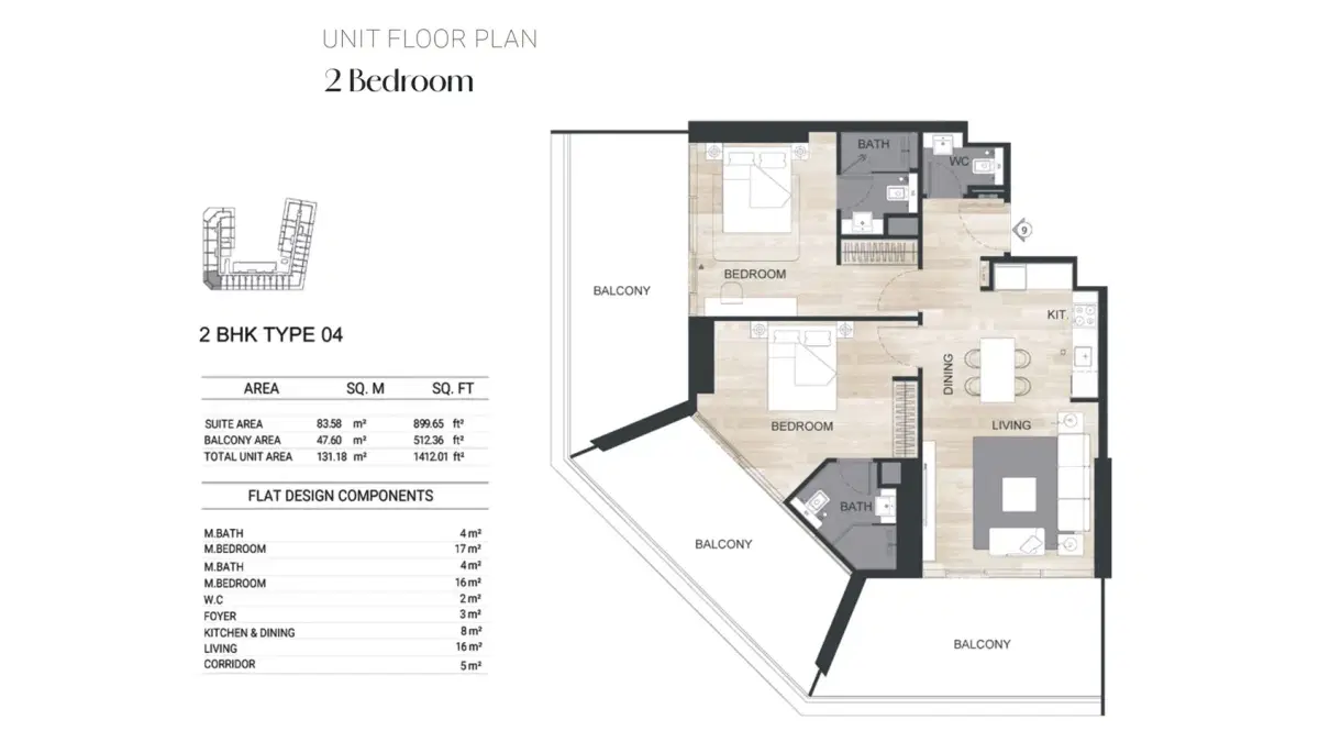 Binghatti Ghost Studios & Apartments at Al Jaddaf 2 BR Floor Plan 1,412 Sq. Ft.