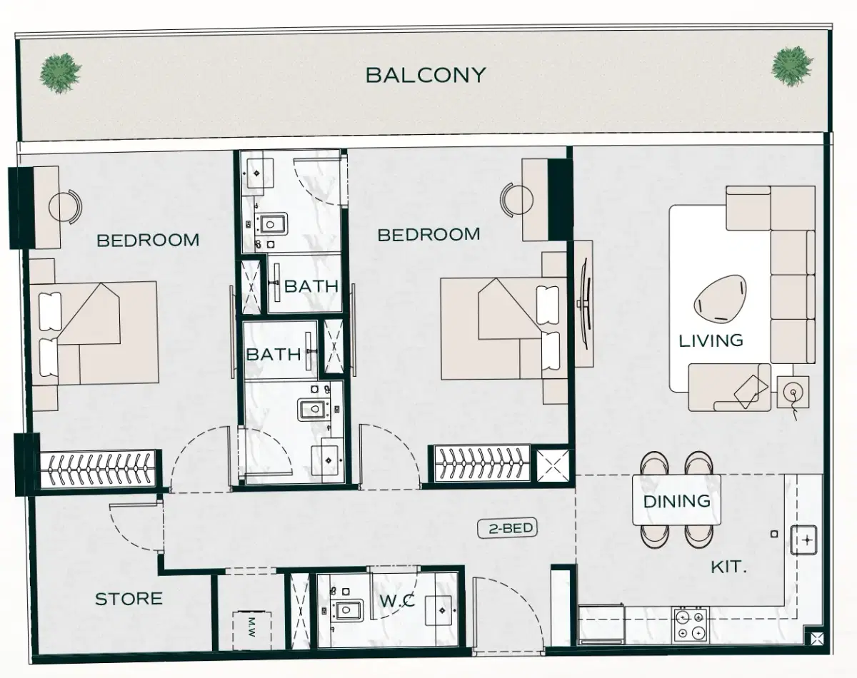 Binghatti Aquarise At Business Bay Dubai 2 BR Apartment Floor Plan