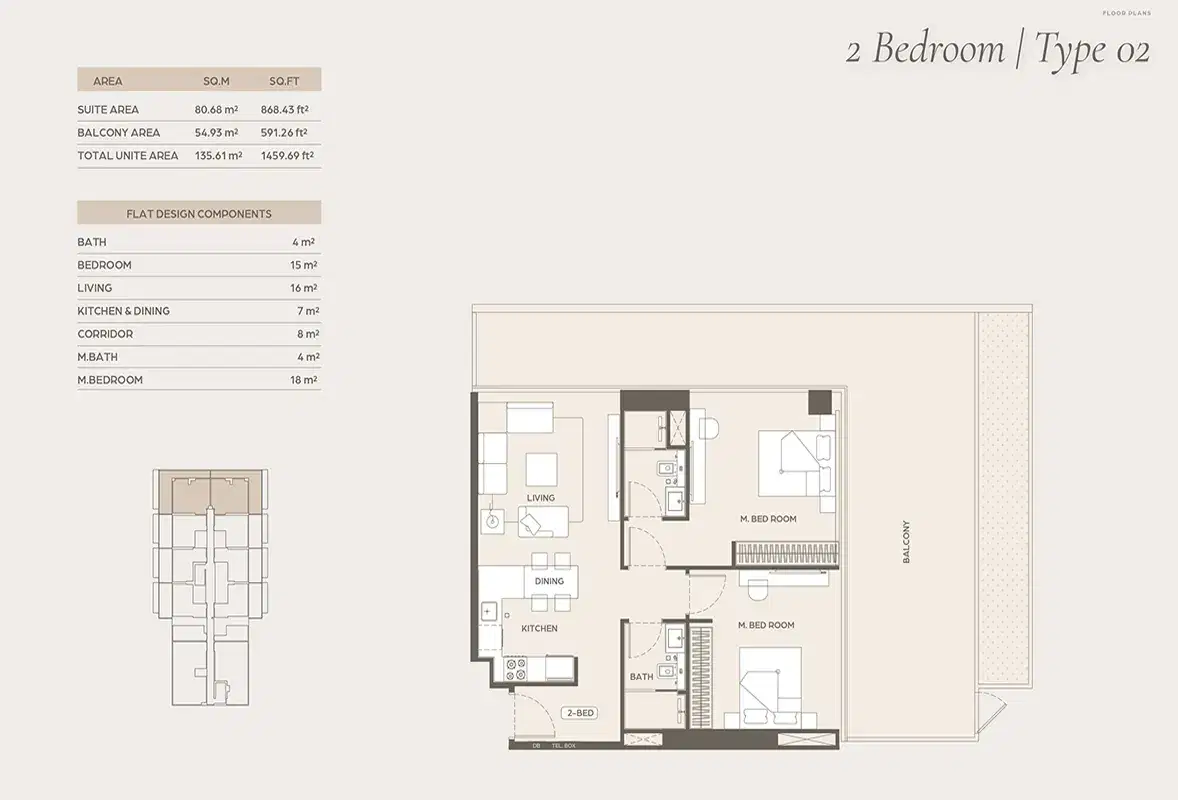 Binghatti Ivory Studios & Apartments at Al Jaddaf Dubai 2 BR Floor Plan 1,459 Sq. Ft.