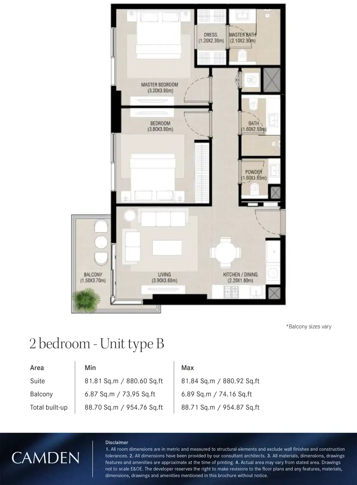 Nshama Camden Apartments at Town Square Dubai 2 BR Floor Plan 954 Sq. Ft.