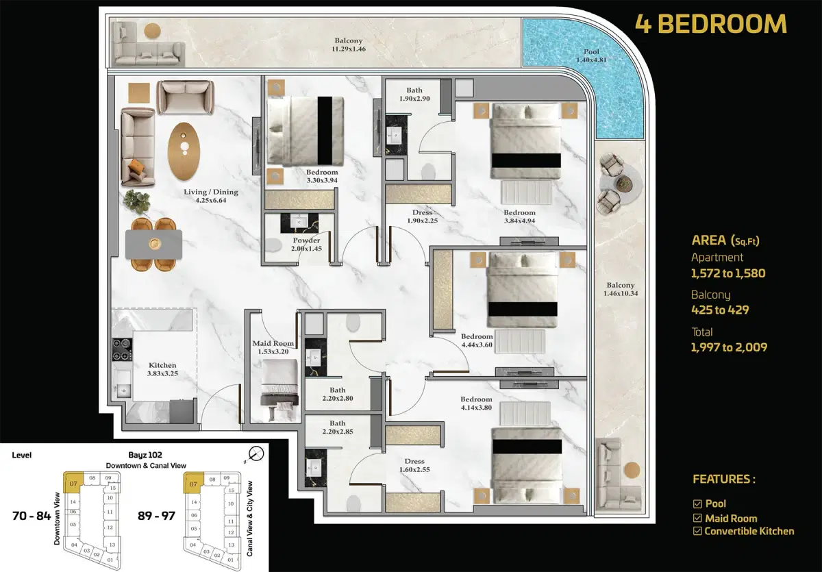 Danube Bayz 102 at Business Bay Dubai 4 BR Floor Plan 2,009 Sq. Ft.