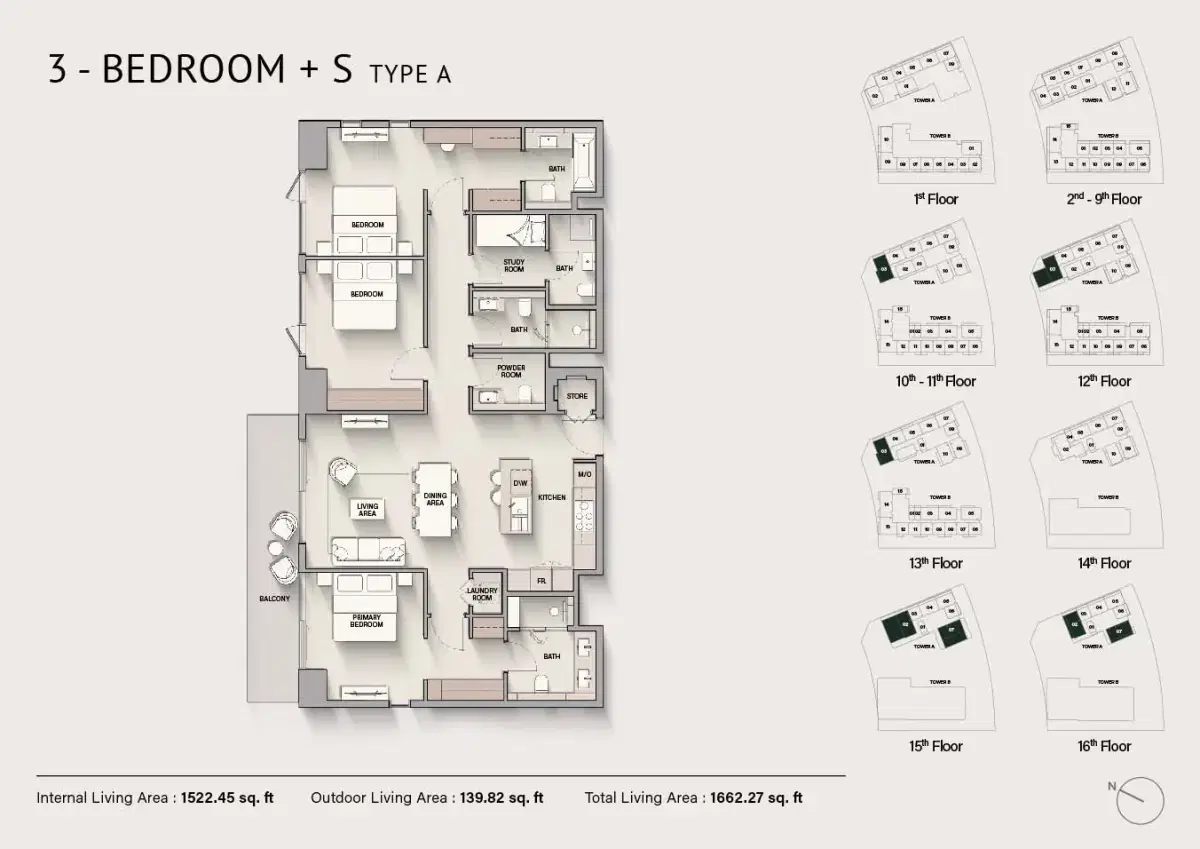 Ellington The Hillgate at Dubai Silicon Oasis Ellington The Hillgate 3 BR Apartment + Study Floor Plan 1,662 Sq. Ft.