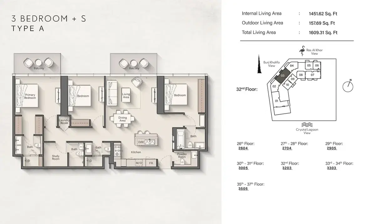 Ellington Claydon House Meydan Dubai 3 BR Apartments Floor Plan