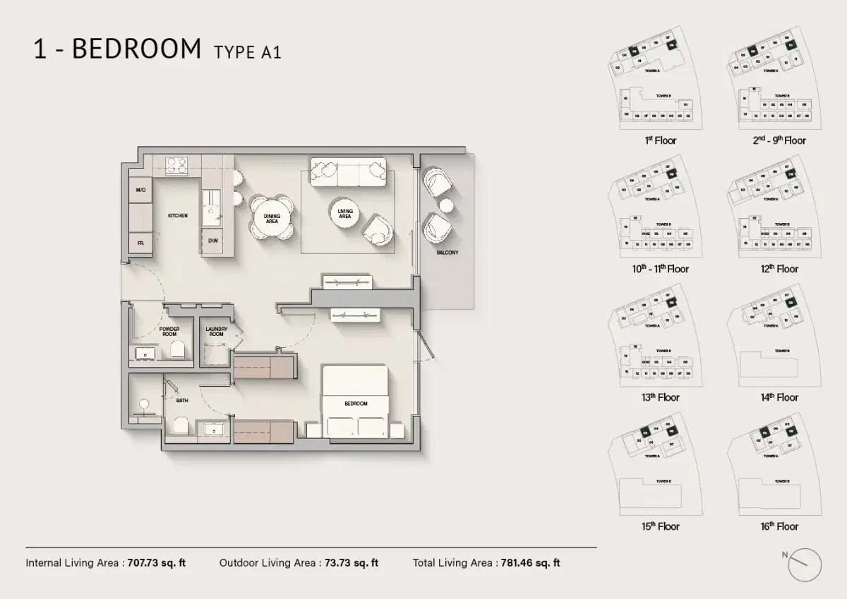 Ellington The Hillgate at Dubai Silicon Oasis Ellington The Hillgate Dubai 1 BR Apartment Floor Plan 781 Sq. Ft.