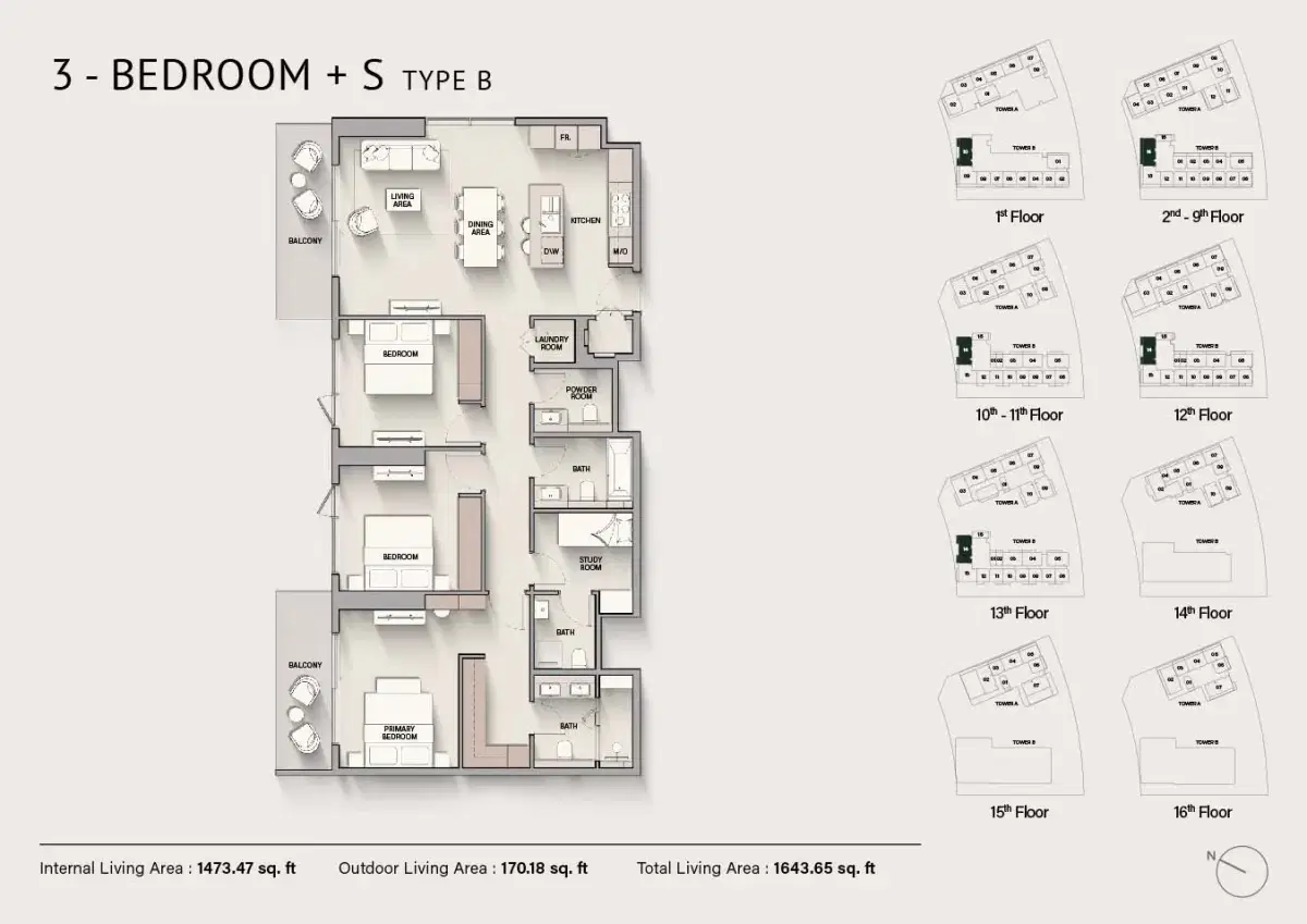 Ellington The Hillgate at Dubai Silicon Oasis Ellington The Hillgate 3 BR Apartment Floor Plan 1,643 Sq. Ft.