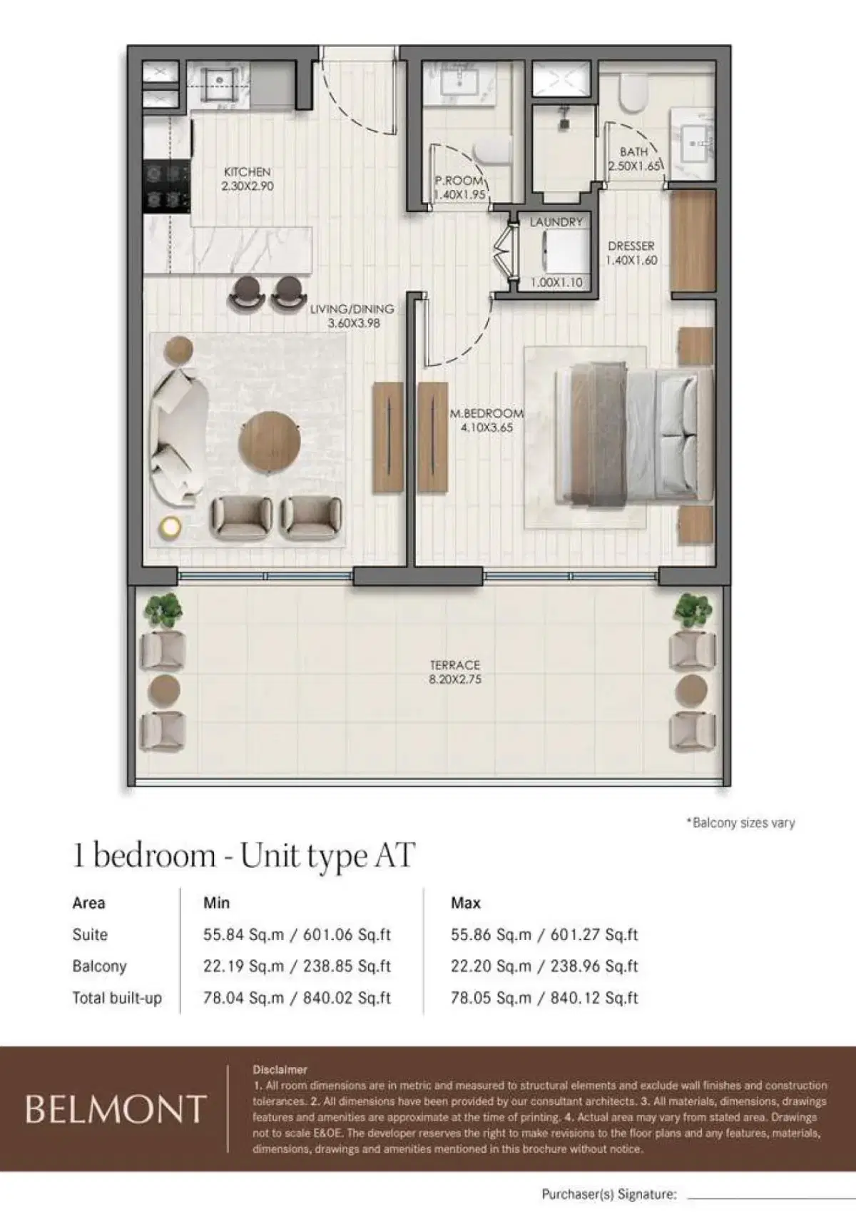 Belmont by Nshama at Town Square Dubai 1 BR Floor Plan 840 Sq. Ft.