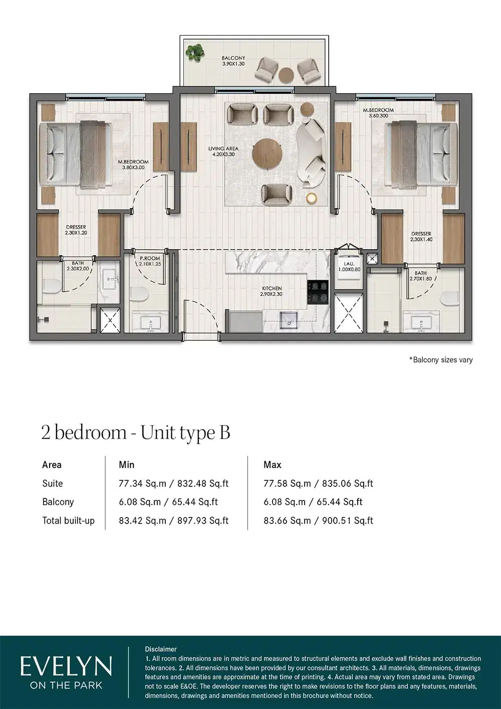 Nshama Evelyn on the Park at Town Square Dubai 2 BR Floor Plan 900 Sq. Ft.