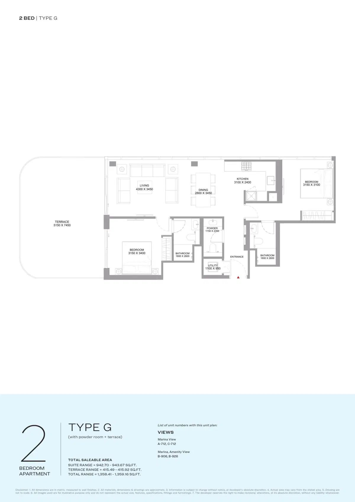 Sobha Bayfront Marina Residences at Siniya Island 2 BR Floor Plan 1,358 Sq. Ft.