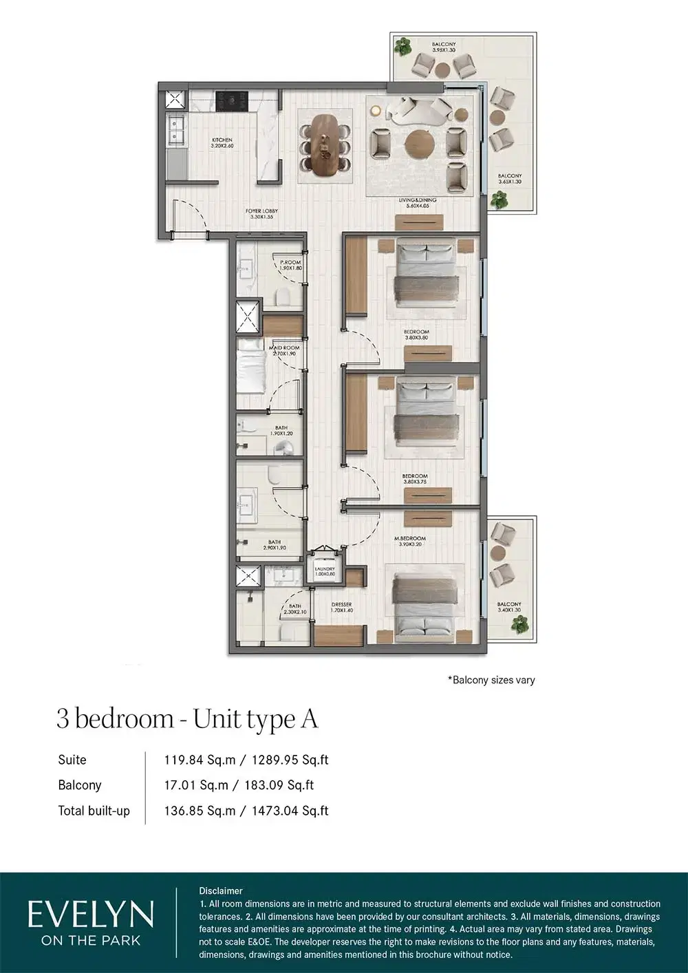 Nshama Evelyn on the Park at Town Square Dubai 3 BR Floor Plan 1,473 Sq. Ft.