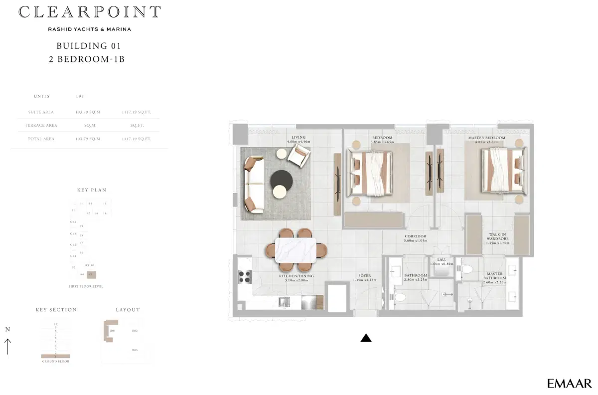 EMAAR Clearpoint Dubai 2 BR Floor Plan 1,117 Sq. Ft.
