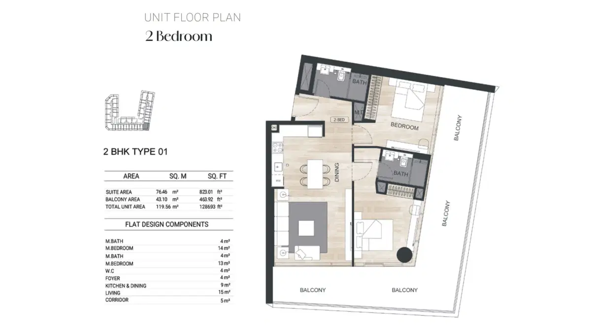 Binghatti Ghost Studios & Apartments at Al Jaddaf 2 BR Floor Plan 1,286 Sq. Ft.