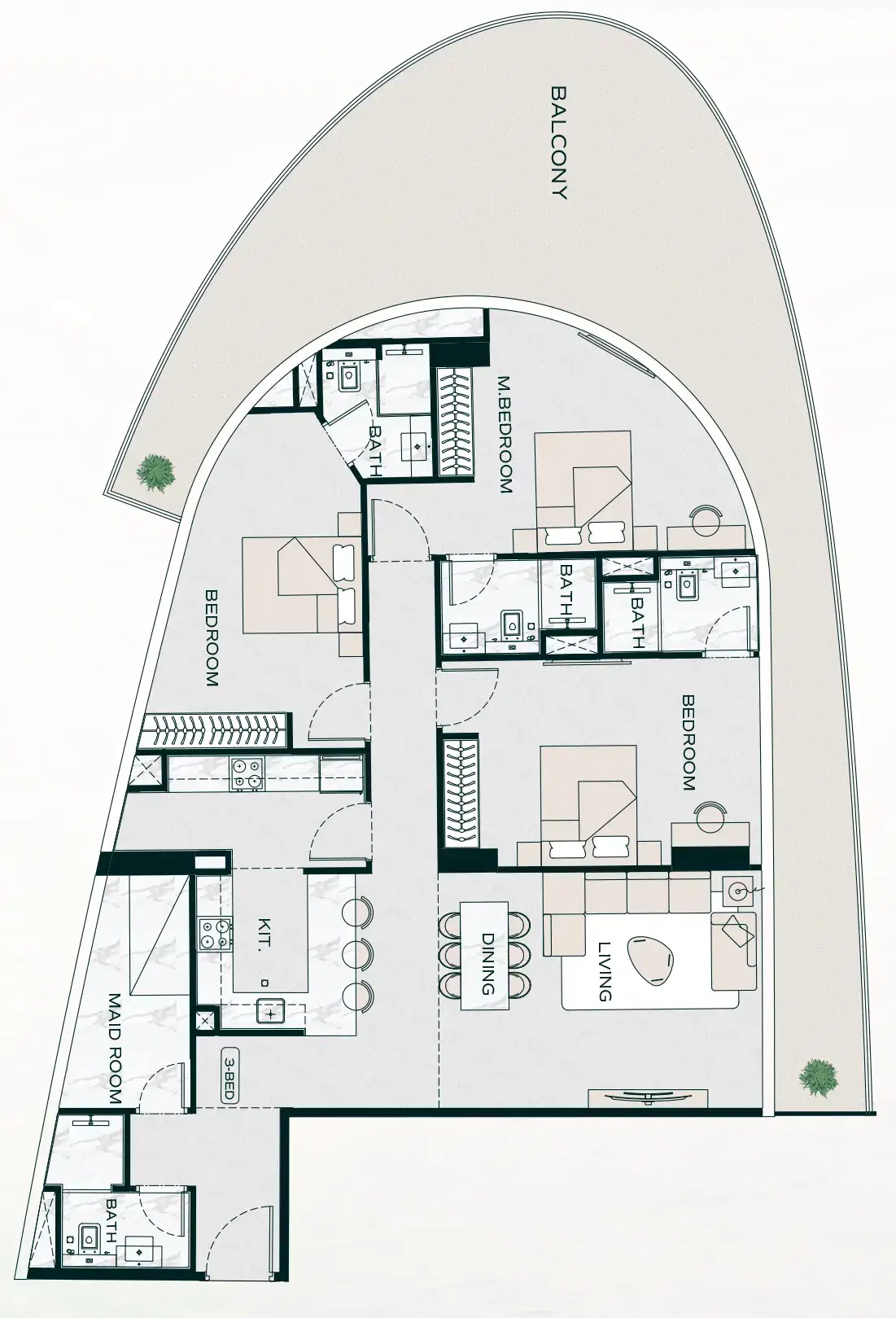 Binghatti Aquarise At Business Bay Dubai 3 BR Island Floor Plan