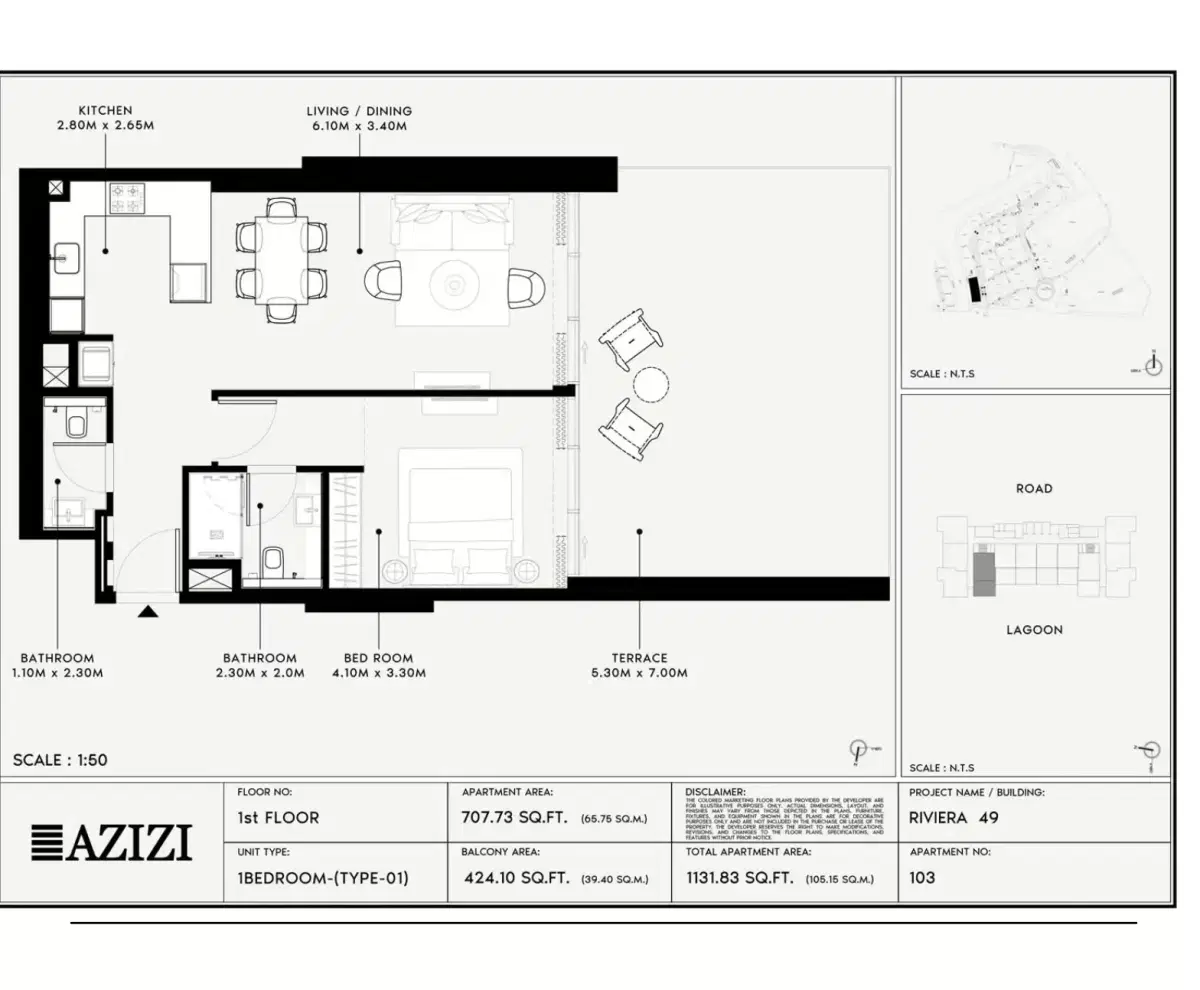 Azizi Riviera 49 at Meydan Dubai | Luxury Studios & Apartments 1 BR Apartment Floor Plan