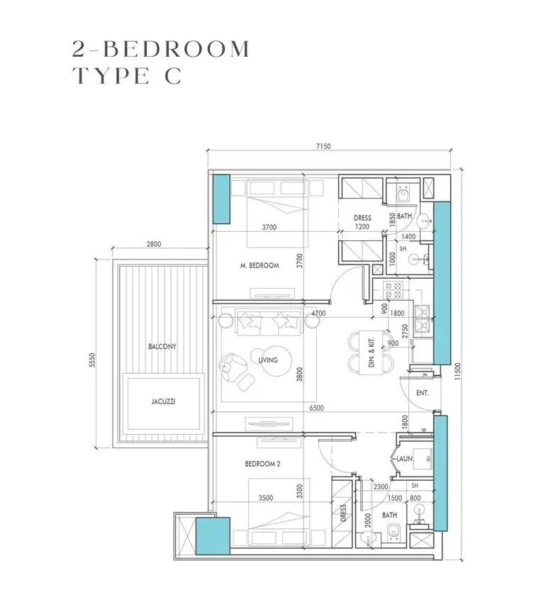 The Waterway Prestige One Meydan Horizon 2 BR Apartments Floor Plan