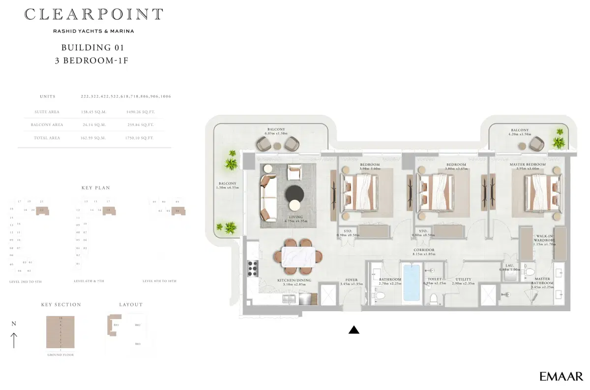 EMAAR Clearpoint Dubai 3 BR Floor Plan 1,750 Sq. Ft.