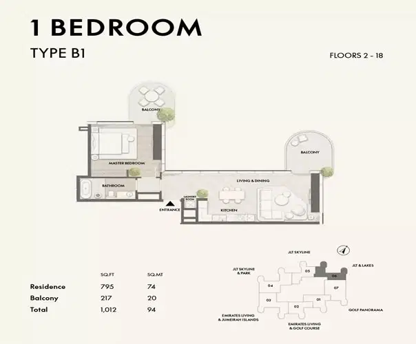Signature W Residences Dubai Jumeirah Lakes Towers 1 BR Apartment Floor Plan