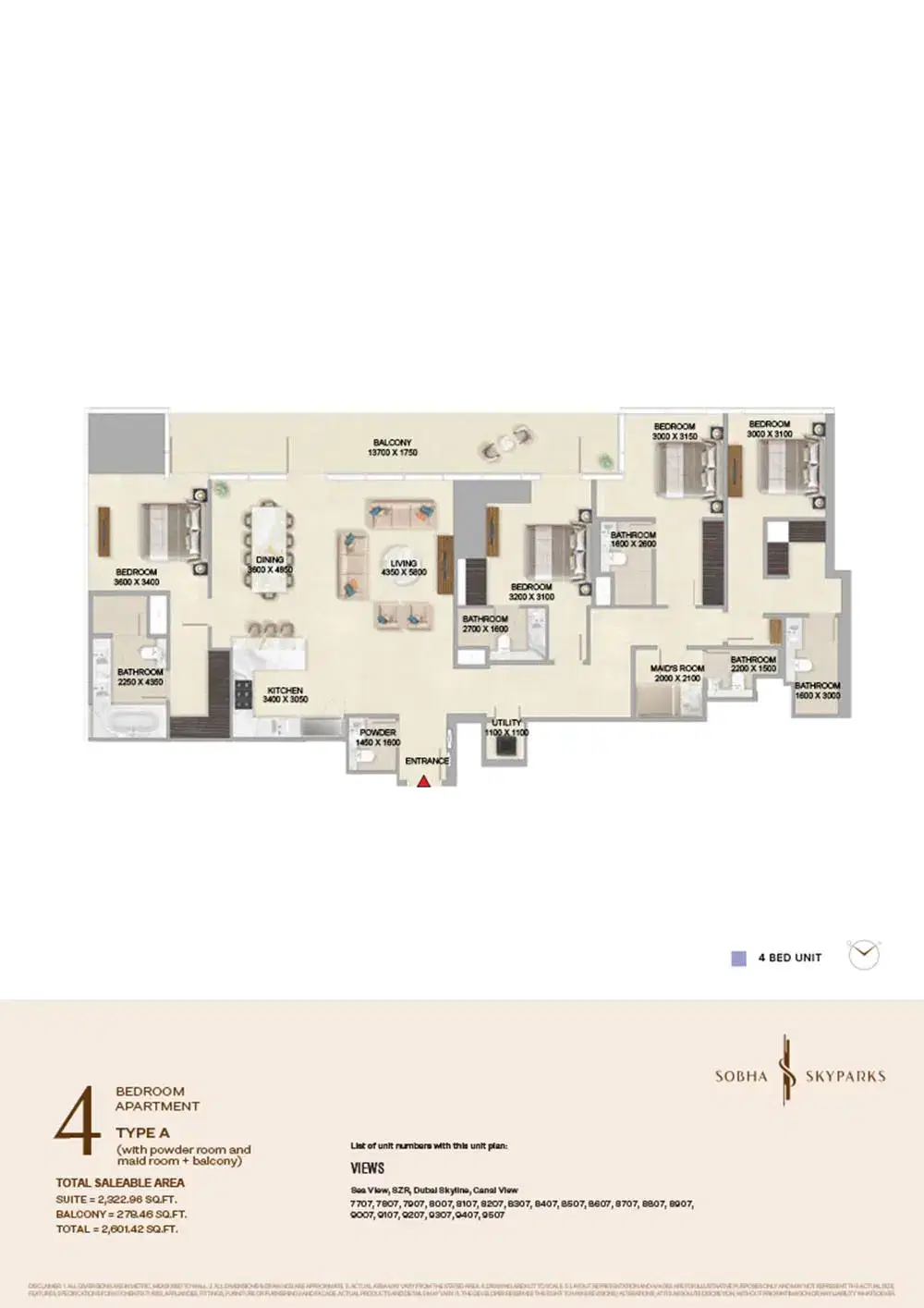 Sobha Skyparks Business Bay Dubai 4 BR Floor Plan 2,601 Sq. Ft.