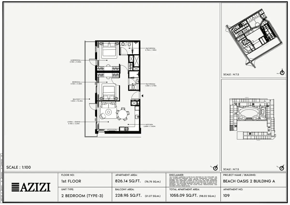 Azizi Beach Oasis 2 at Dubai Studio City 2 BR Apartments Floor Plan