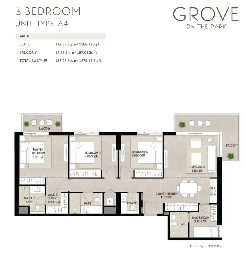NSHAMA Grove On The Park at Town Square Dubai - Apartments 3 BR Apartments Floor Plan