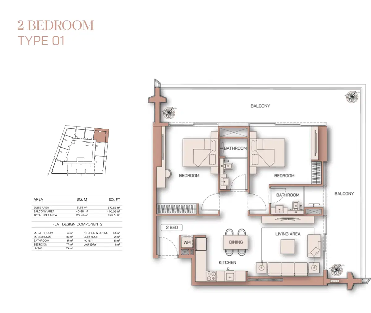 Binghatti Pinnacle Apartments Dubai at Al Jaddaf 2 BR Apartment Floor Plan