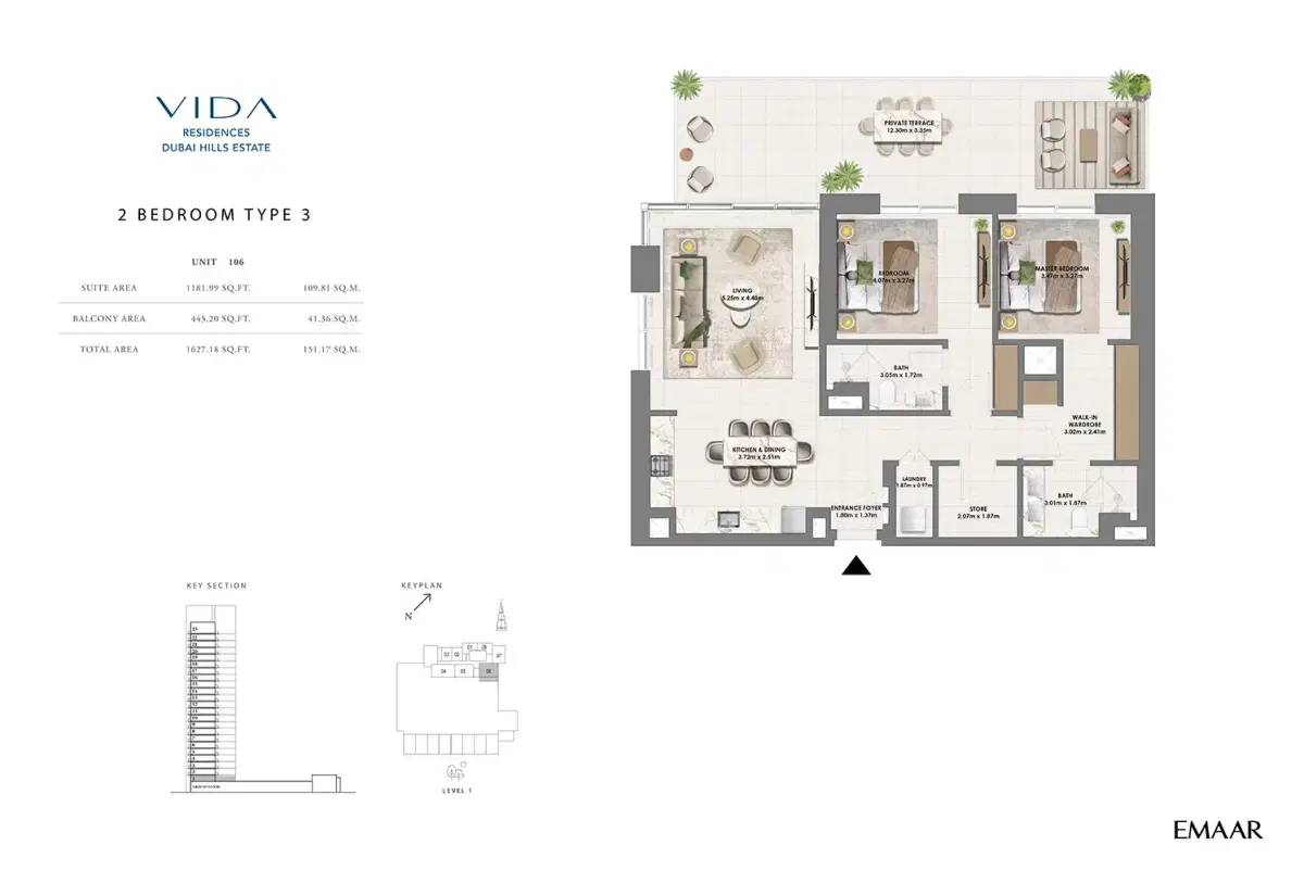 Emaar Vida Residences Dubai Hills Estate 2 BR Apartments Floor Plan