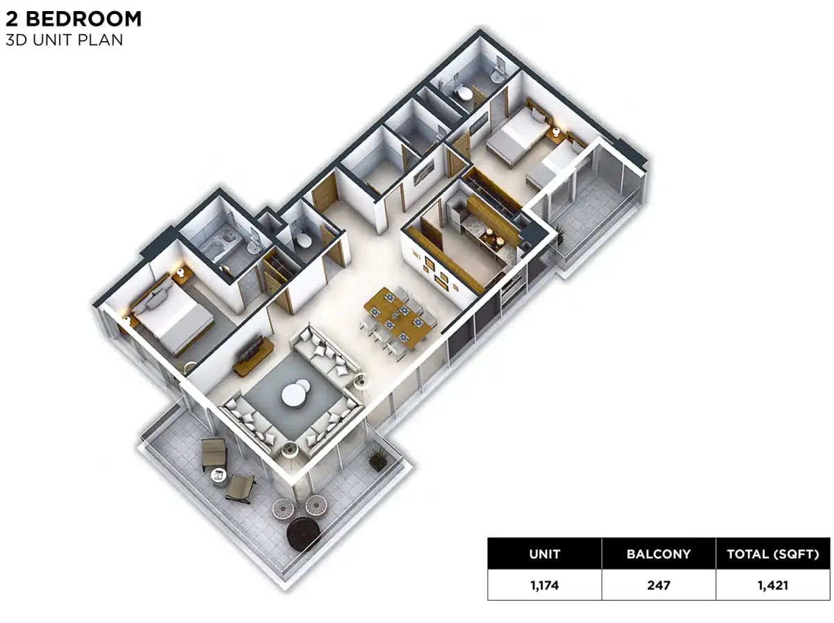 DAMAC Hills Loreto 2 Bedroom Apartment Floor Plan
