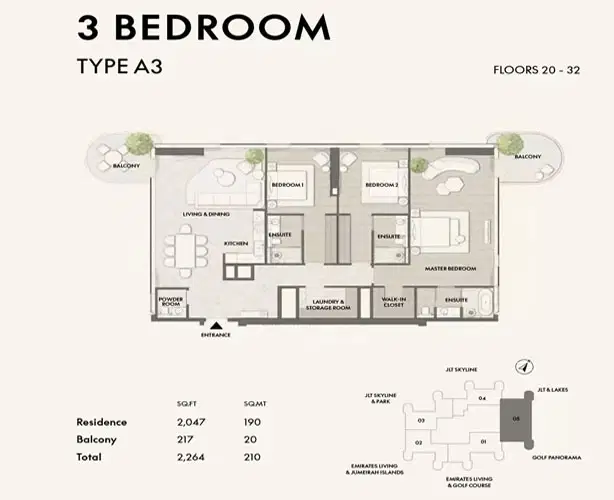 Signature W Residences Dubai Jumeirah Lakes Towers 3 BR Apartment Floor Plan