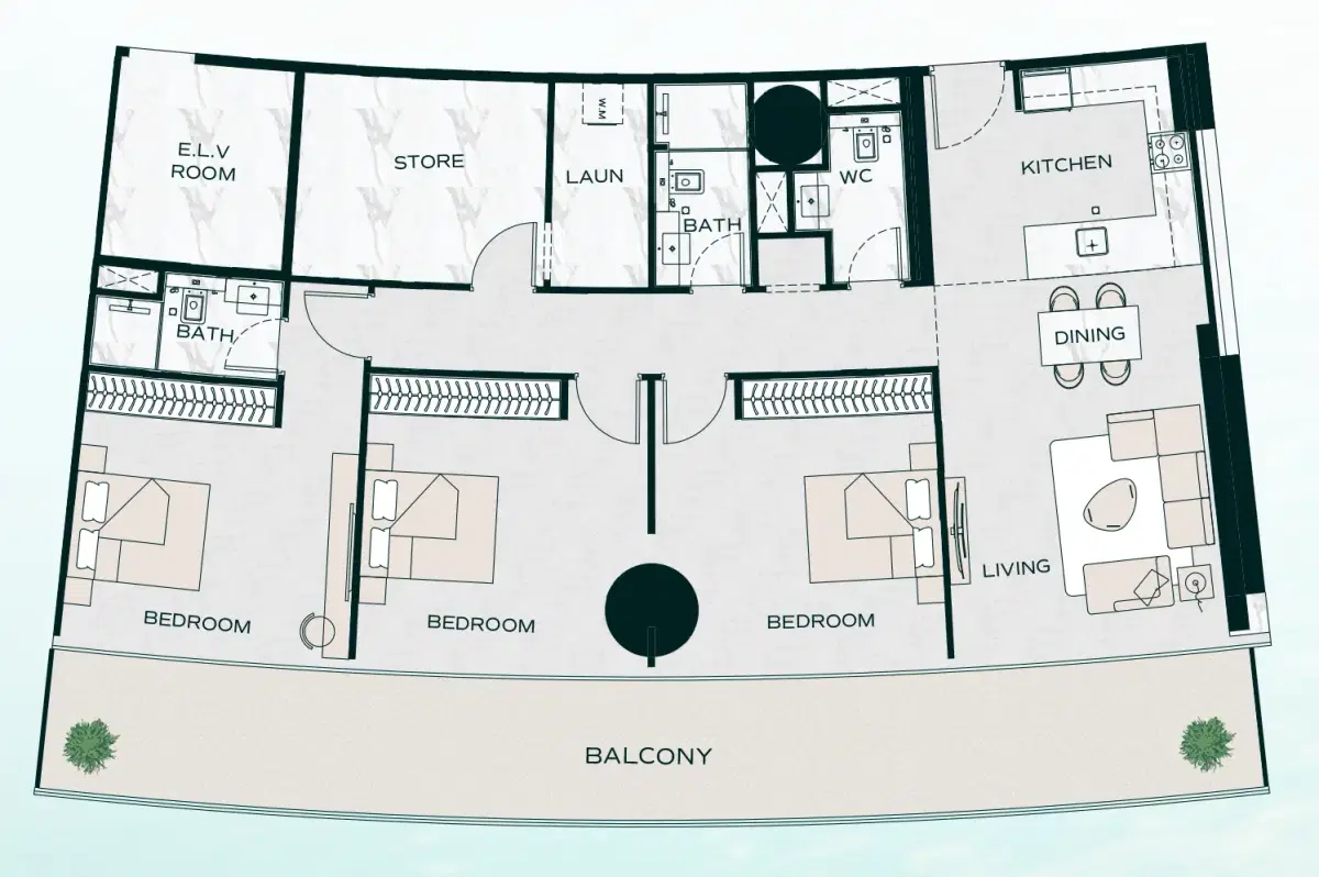 Binghatti Aquarise At Business Bay Dubai 3 BR Apartment Floor Plan