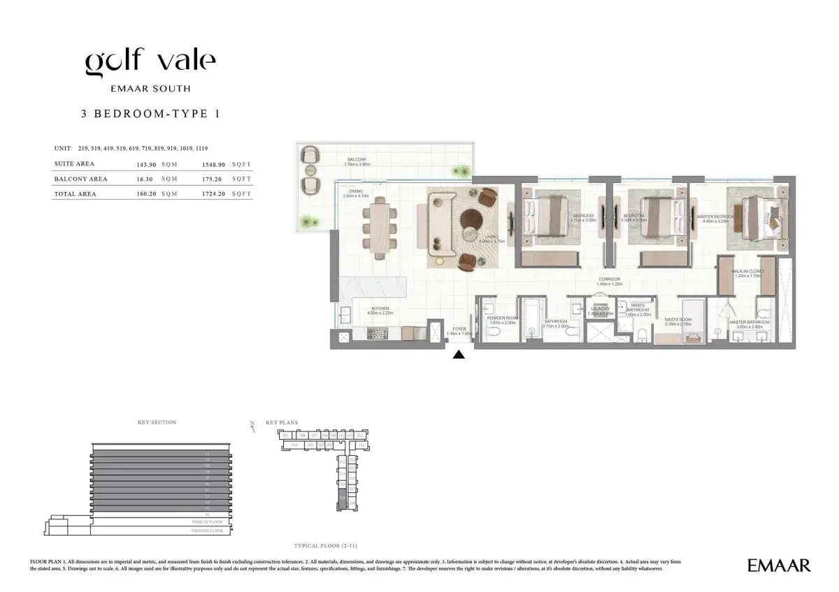 EMAAR Golf Vale Apartments & Townhouses at EMAAR South 3 BR Apartments Floor Plan