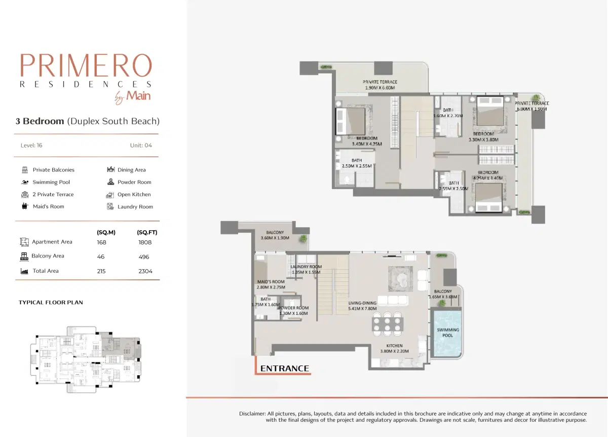 Primero Residences Main Realty Al Furjan 3 BR Duplexes Floor Plan