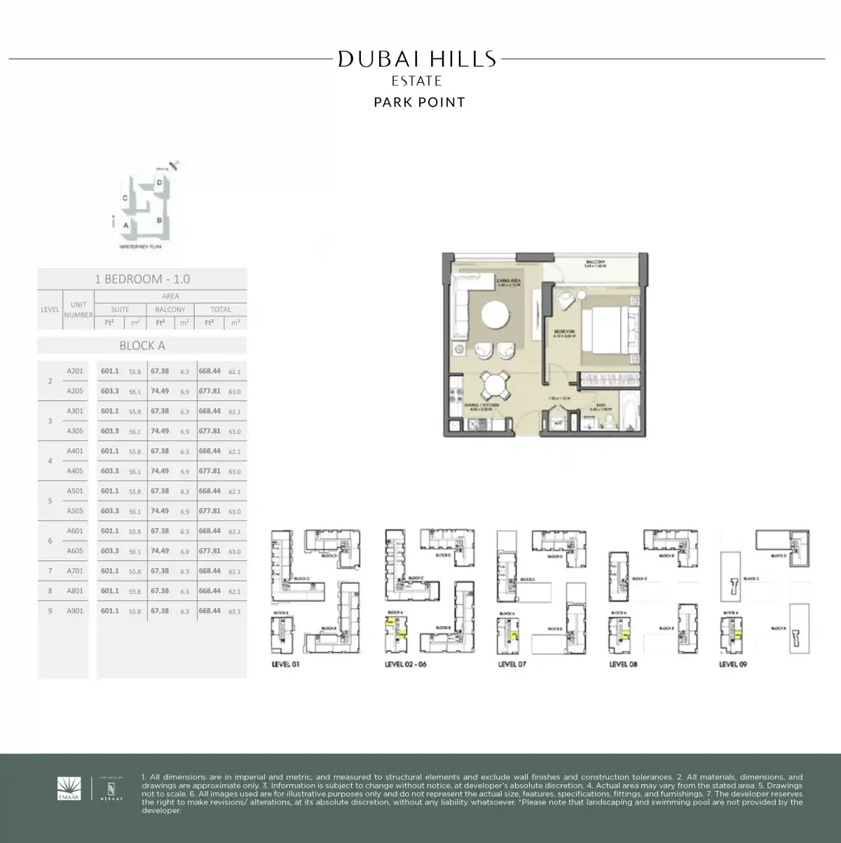 Emaar Park Point Apartments & Duplexes at Dubai Hills Estate 1 Bedroom Apartments Floor Plan