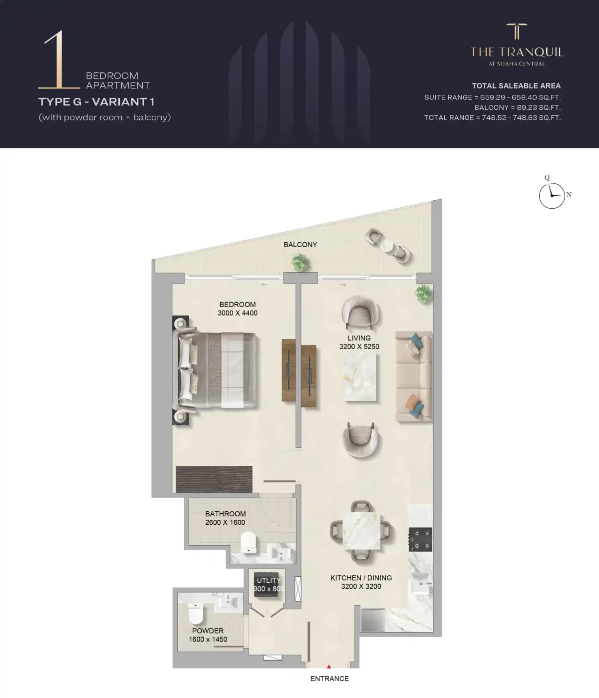 Sobha The Tranquil At Sobha Central Dubai 1 Bedroom Apartments Type-2 Floor Plan