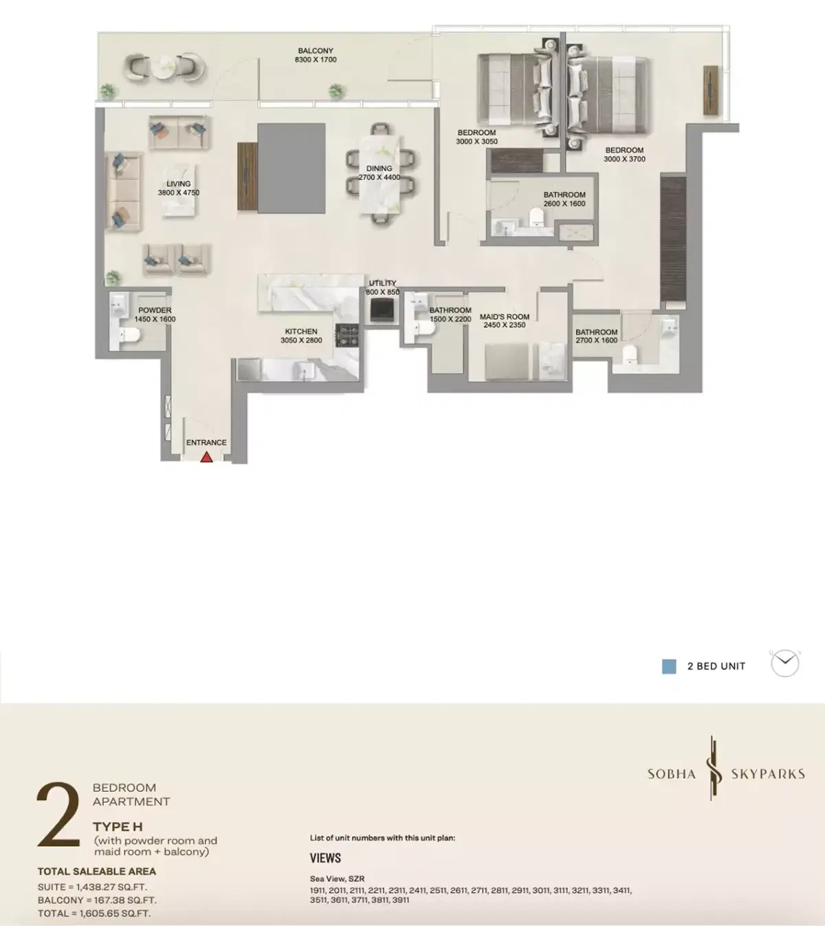 Sobha Skyparks Business Bay Dubai 2 BR Apartment Floor Plan 1,605 Sq. Ft.