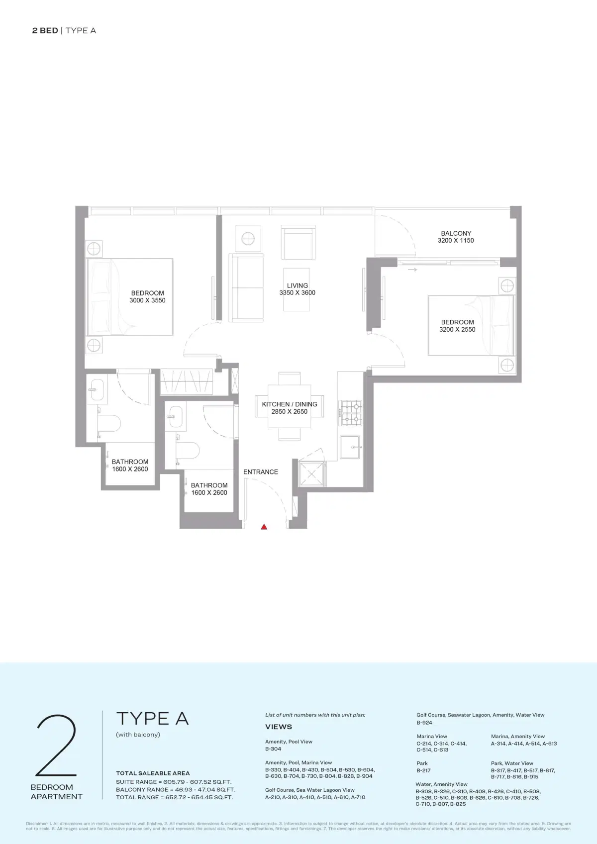 Sobha Bayfront Marina Residences at Siniya Island 2 BR Floor Plan 652 Sq. Ft.