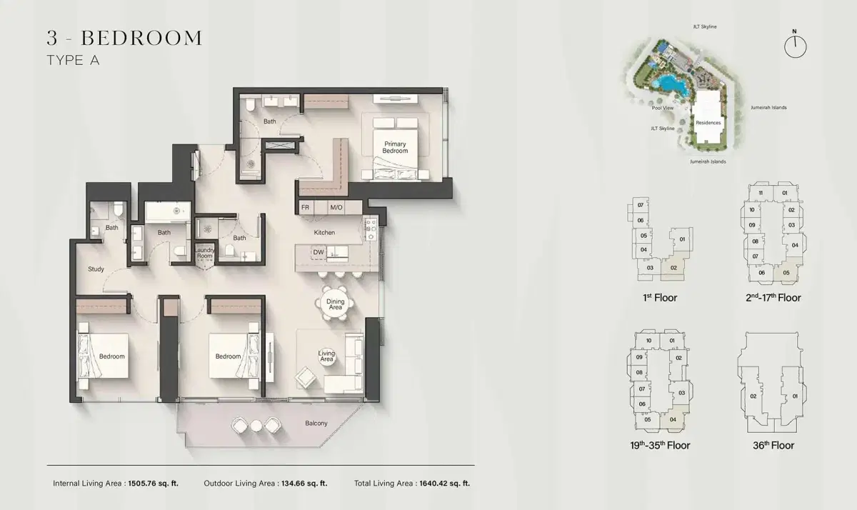 Ellington Eltiera Heights at Jumeirah Islands 3 BR Apartments Floor Plan